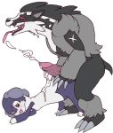  2019 anthro big_penis blush bodily_fluids breasts butt claws cum duo erection female food genital_fluids horn hot_dog huge_penis indeedee male nintendo nipples nude obstagoon open_mouth penis pok&eacute;mon pok&eacute;mon_(species) queenkami simple_background smile teeth tongue tongue_out video_games 