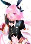  1boy astolfo_(fate) astolfo_(saber)_(fate) bangs belt black_bow black_gloves black_jacket black_neckwear black_ribbon blush bow bowtie buttons erohitu fang fate/grand_order fate_(series) faulds gloves hair_between_eyes hair_bow hair_intakes hair_ribbon highres jacket juliet_sleeves long_hair long_sleeves looking_at_viewer midriff multicolored_hair navel one_eye_closed open_clothes open_jacket open_mouth otoko_no_ko pink_hair puffy_sleeves purple_eyes ribbon smile solo star starry_background streaked_hair twintails v white_background white_hair wide_sleeves wing_collar 