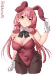  1girl akashi_(kantai_collection) animal_ears bare_shoulders blush breasts bunny_ears bunny_girl bunnysuit cleavage covered_navel ebifurya fake_animal_ears gloves green_eyes hair_ribbon highres kantai_collection large_breasts long_hair looking_at_viewer open_mouth pantyhose pink_hair ribbon simple_background solo twitter_username white_background white_gloves 