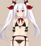  000kk 1girl azur_lane bangs bare_shoulders beige_background blush bow bowtie breasts collarbone commentary_request eyebrows_visible_through_hair fang hair_between_eyes hair_ribbon long_hair looking_at_viewer navel red_bow red_eyes red_ribbon ribbon silver_hair simple_background small_breasts smile solo twintails underwear vampire_(azur_lane) 