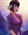  1girl au_ra bangs black_hair breasts cleavage commission dragon_horns final_fantasy final_fantasy_xiv hairband highres horns jewelry lips looking_at_viewer mcdobo medium_breasts necklace purple_shirt red_eyes rimless_eyewear shirt short_hair sky smile solo star_(sky) starry_sky swept_bangs upper_body 