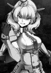  1girl bangs belt braid breasts buttons capelet clenched_hand clenched_teeth colorado_(kantai_collection) dress ebiblue elbow_gloves eyebrows_visible_through_hair garrison_cap gesugao gloves greyscale hat headgear kantai_collection monochrome necktie pleated_dress red_eyes shirt short_hair side_braids sideboob signature simple_background sleeveless solo spot_color teeth twitter_username 