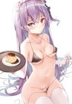  1girl azur_lane bandaid bandaid_on_pussy bangs bare_shoulders bikini bikini_pull black_bikini blush breasts breasts_apart chocolate closed_mouth collarbone commentary_request elbow_gloves eyebrows_visible_through_hair food frills gloves groin highres holding holding_tray long_hair looking_at_viewer maid_headdress medium_breasts micro_bikini navel one_side_up pudding purple_eyes purple_hair simple_background sitting smiley_face solo stomach sunoril swimsuit thigh_gap thighhighs tray underboob unicorn_(azur_lane) very_long_hair white_background white_gloves white_legwear 