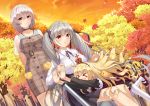  anthropomorphism autumn azur_lane blonde_hair blush clouds crown dress formidable_(azur_lane) gray_hair long_hair maemi_(maemi12) manjuu_(azur_lane) orange_eyes pantyhose queen_elizabeth_(azur_lane) red_eyes short_hair sirius_(azur_lane) sky sunset tree twintails white_hair 