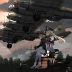  2girls aircraft aircraft_request anchor annin_musou bangs bird bismarck_(kantai_collection) blonde_hair blue_eyes blush breasts brown_gloves cloud elbow_gloves gloves hat highres iron_cross kantai_collection long_hair long_sleeves military military_uniform multiple_girls open_mouth outdoors peaked_cap pleated_skirt prinz_eugen_(kantai_collection) sitting skirt sleeveless smile thighhighs tree twintails uniform vehicle_request white_gloves white_skirt 