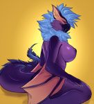  2019 anthro areola blue_hair breasts capcom digital_media_(artwork) eyebrows eyelashes female flying_wyvern hair hi_res lunarii monster_hunter nargacuga nipples non-mammal_breasts scales simple_background solo video_games yellow_background 