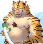  2019 anthro belly blush cute_fangs felid hi_res male mammal moobs navel nipples overweight overweight_male pantherine solo tiger toraya_inugami 