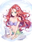  1girl ariel_(disney) artist_name bare_shoulders blue_eyes breasts cleavage commentary_request disney hair_between_eyes long_hair mermaid monster_girl navel red_hair roang rock shell shell_bikini smile solo the_little_mermaid water 