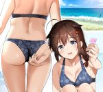  1girl adjusting_clothes adjusting_swimsuit ahoge ass bangs beach bikini blue_bikini blue_eyes blush braid breasts brown_hair cleavage day eyebrows_visible_through_hair floral_print from_behind hair_flaps hair_ornament hair_ribbon holding holding_shell kantai_collection medium_breasts multiple_views ocean outdoors remodel_(kantai_collection) ribbon seashell shell shigure_(kantai_collection) single_braid solo swimsuit umakuchi_shouyu 