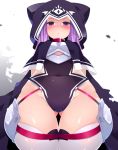  1girl armor arms_behind_back ass_visible_through_thighs black_cape black_capelet black_leotard blush breastplate cameltoe cape capelet collar covered_navel fate/grand_order fate_(series) from_below groin highres hood leotard long_hair looking_down medusa_(lancer)_(fate) partially_visible_vulva purple_eyes purple_hair pussy solo thigh_gap thigh_strap thighhighs thighs white_legwear zamudelin 