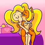  1:1 2019 activision alternate_species anthro bandicoot bed blonde_hair breast_grab breasts coco_bandicoot crash_bandicoot_(series) duo female female/female fingering food fruit furniture hair hand_on_breast hi_res human human_on_anthro humanized interspecies kissing long_ears mammal marsupial pillow plant ponytail selfcest signature sitting square_crossover video_games yopy 