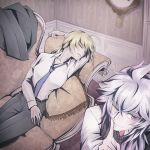  1b 1boy 1girl ahoge arm_pillow artoria_pendragon_(all) blonde_hair blue_neckwear couch dress_shirt fate/apocrypha fate/grand_order fate_(series) finger_to_mouth grey_hair highres jacket jacket_removed merlin_(fate) necktie on_couch one_eye_closed pants ponytail purple_eyes saber shirt short_hair shushing sleeping tsushima_touko 