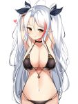  1girl :q absurdres antenna_hair arms_behind_head azur_lane bangs bare_shoulders bikini black_bikini black_choker blush breasts brown_eyes choker cowboy_shot eyebrows_visible_through_hair flag_print german_flag_bikini highres large_breasts long_hair looking_at_viewer moyoron multicolored_hair navel parted_bangs prinz_eugen_(azur_lane) prinz_eugen_(unfading_smile)_(azur_lane) ribbon side-tie_bikini sidelocks silver_hair simple_background solo streaked_hair swimsuit tongue tongue_out two_side_up very_long_hair white_background 