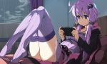  1girl :&lt; ahoge ass bangs bed black_jacket closed_mouth commentary_request curtains dress eyebrows_visible_through_hair full_body highres holding hood hood_down hooded_jacket indoors jacket long_sleeves lying nintendo_switch on_back on_bed open_clothes open_jacket pilloe playing_games purple_dress purple_eyes purple_hair purple_legwear rain shikei short_dress short_hair_with_long_locks sidelocks solo striped striped_legwear thighhighs vertical-striped_legwear vertical_stripes vocaloid voiceroid window yuzuki_yukari 