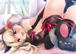  1girl all_fours animal_ears ass backless_leotard bangs bare_shoulders bell bent_over black_legwear blonde_hair blush breasts cat_ears cat_tail center_opening eyebrows_visible_through_hair fate/kaleid_liner_prisma_illya fate_(series) gloves hair_ornament hair_ribbon illyasviel_von_einzbern long_hair looking_at_viewer maruchan. on_bed open_mouth paw_gloves paw_shoes paws pillow red_eyes red_ribbon ribbon shoes small_breasts smile solo tail thighhighs thighs 