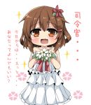  1girl blush brown_eyes brown_hair dress fang flower hair_ornament hairclip ikazuchi_(kantai_collection) kantai_collection looking_at_viewer open_mouth oshiruko_(uminekotei) short_hair skin_fang smile solo translated wedding_dress 