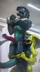  absurd_res anthro clothed clothing darek dinosaur erection hi_res looking_at_penis male male/male motion_blur pants_down partially_clothed penis reptile scalie sharp_teeth snake surprise teeth todex zepher_(todex) 