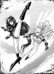  2girls bodypaint boots company_connection corruption crossover dark_persona fingerless_gloves full_body garrison_cap gloves greyscale hai_(h81908190) hat high_kick highleg highleg_leotard kicking leotard long_hair milla_maxwell monochrome motion_blur multiple_girls ribbed_leotard shadaloo_dolls tales_of_(series) tales_of_berseria tales_of_xillia velvet_crowe 