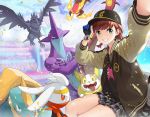  1girl adjusting_clothes adjusting_hat bag baseball_cap black_gloves blue_gloves blurry blurry_background bomber_jacket bracer braid brown_hair centiskorch confetti corviknight crossed_arms crossed_legs drednaw fire gen_8_pokemon glint gloves green_eyes grey_skirt grin hand_on_headwear hand_up hat jacket long_sleeves masin0201 miniskirt motion_blur open_clothes open_jacket outstretched_arm partly_fingerless_gloves plaid plaid_skirt pleated_skirt poke_ball_symbol pokemon pokemon_(creature) pokemon_(game) pokemon_swsh profile raboot red_hair scorbunny self_shot signature sitting skirt smile stadium tongue tongue_out toxtricity twin_braids twintails two-tone_gloves yamper yuuri_(pokemon) 