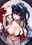  1girl ahoge arm_up azur_lane bangs bare_shoulders bikini black_bikini black_choker black_hair breasts choker cleavage collarbone commentary_request cowboy_shot crowd eyebrows_visible_through_hair eyewear_on_head grey_background hair_between_eyes highres jacket large_breasts long_hair mirei navel off_shoulder one_side_up red_eyes red_jacket sparkle standing stomach sunglasses swimsuit taihou_(azur_lane) thigh_strap thighs tongue tongue_out 