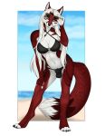 2019 4_toes 5_fingers accelo anthro breasts bulge canid canine clothing digital_media_(artwork) eyewear fingers fox fur glasses gynomorph hi_res intersex looking_at_viewer mammal red_body red_fur simple_background smile solo swimwear toes 