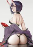  1girl absurdres ass ass_focus bob_cut breasts cup eyeliner fate/grand_order fate_(series) highres horns japanese_clothes kimono makeup nyatabe oni oni_horns open_clothes open_kimono purple_eyes purple_hair purple_kimono revealing_clothes sakazuki shuten_douji_(fate/grand_order) skin-covered_horns skindentation 