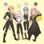  4girls alternate_hairstyle bespectacled blue_hair braid brown_eyes cape claude_von_riegan claude_von_riegan_(cosplay) closed_eyes closed_mouth cosplay crown_braid epaulettes fire_emblem fire_emblem:_three_houses flower garreg_mach_monastery_uniform glasses gradient gradient_background highres hilda_valentine_goneril ignatz_victor ignatz_victor_(cosplay) larachelle leonie_pinelli long_hair long_sleeves lorenz_hellman_gloucester lorenz_hellman_gloucester_(cosplay) lysithea_von_ordelia marianne_von_edmund multiple_girls one_eye_closed open_mouth orange_eyes orange_hair pants parted_lips pink_eyes pink_hair ponytail raphael_kirsten raphael_kirsten_(cosplay) rose short_hair simple_background twintails twitter_username uniform white_hair yellow_cape 