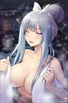  1girl ak-12_(girls_frontline) bangs black_border blurry blurry_background border breasts cleavage covering eyebrows_visible_through_hair fireflies girls_frontline hair_bun highres holding holding_towel light_trail long_hair looking_at_viewer noixen nude nude_cover one_eye_closed onsen partially_submerged purple_eyes sidelocks silver_hair smile solo steam towel towel_on_head upper_body white_towel 