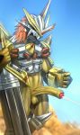  absurd_res armor balls bodily_fluids cum digimon digimon_(species) erection genital_fluids green_eyes hair headgear helmet hi_res humanoid_penis looking_at_penis male melee_weapon open_mouth orange_hair orgasm penis solo sword todex uncut vein veiny_penis victorygreymon weapon 