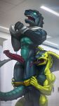  absurd_res anthro clothed clothing darek dinosaur erection hi_res looking_at_penis male male/male pants_down partially_clothed penis reptile scalie sharp_teeth snake surprise teeth todex zepher_(todex) 