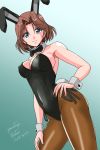  1girl animal_ears arched_back artist_name azumi_(girls_und_panzer) black_legwear black_leotard black_neckwear blue_eyes bow bowtie breasts brown_hair bunny_ears bunny_tail bunnysuit cleavage closed_mouth collar commentary covered_navel cowboy_shot dated detached_collar eyebrows_visible_through_hair fake_animal_ears fake_tail girls_und_panzer gradient gradient_background green_background hair_intakes hand_on_hip large_breasts leaning_forward leotard looking_at_viewer matsui_yasutsugu pantyhose short_hair side-tie_leotard signature smile solo standing strapless strapless_leotard tail thighs white_collar wing_collar wrist_cuffs 