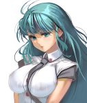  1girl antenna_hair bangs between_breasts blue_eyes breasts commentary_request green_hair grey_neckwear heart lips long_hair masao medium_breasts messy_hair necktie necktie_between_breasts original pink_earrings revision short_sleeves solo v_arms 