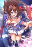  1girl absurdres azur_lane basketball-to-cartoon-0104 blue_eyes blurry blurry_background boots breasts brown_hair cleavage collarbone commentary_request hair_between_eyes hair_ornament highres hololive huge_filesize large_breasts leg_up looking_at_viewer musical_note object_on_breast outstretched_arms rigging sheet_music solo spread_arms thigh_boots thighhighs tokino_sora tokino_sora_channel virtual_youtuber 