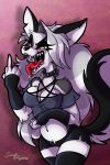  2019 anthro breasts canid canid_demon canine canis cleavage clothed clothing demon female gesture hellhound helluva_boss hi_res loona_(vivzmind) mammal middle_finger open_mouth renaayama solo tongue tongue_out wolf 