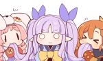  &gt;_&lt; 3girls akane_mimi animal_ears animal_hat bangs blue_kimono blush bow braid brown_hair bunny_ears bunny_hat chibi closed_eyes closed_mouth commentary_request eating_hair eyebrows_visible_through_hair fake_animal_ears hair_ribbon hat hikawa_kyoka hodaka_misogi japanese_clothes kimono long_hair mittens multiple_girls nekodason o_o pink_hair pointy_ears princess_connect! princess_connect!_re:dive purple_hair purple_ribbon red_mittens ribbon simple_background solid_oval_eyes twin_braids twintails v-shaped_eyebrows very_long_hair wavy_mouth white_background yellow_bow 