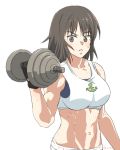  1girl bangs black_eyes black_gloves black_hair closed_mouth dumbbell ei_(akinosakae) frown girls_und_panzer gloves long_hair looking_at_viewer murakami_(girls_und_panzer) muscle muscular_female navel simple_background solo standing sweat twitter_username upper_body weightlifting white_background white_sports_bra 