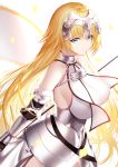  1girl absurdres armor armored_dress bangs blonde_hair blue_eyes blush breasts cleavage covered_nipples cowboy_shot eyebrows_visible_through_hair fate/apocrypha fate/grand_order fate_(series) faulds gauntlets headpiece higandgk highres jeanne_d&#039;arc_(fate) jeanne_d&#039;arc_(fate)_(all) large_breasts long_hair looking_at_viewer plackart sidelocks smile solo standard_bearer very_long_hair 