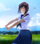  1girl bangs blue_sky blurry blush breasts brown_hair cloud cowboy_shot day depth_of_field field grass half-closed_eyes head_tilt highres interlocked_fingers koikeya looking_at_viewer mountainous_horizon neckerchief original outdoors own_hands_together pleated_skirt sailor_collar school_uniform see-through_silhouette serafuku short_hair short_sleeves skirt sky smile solo standing stretch wind 