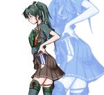  1girl blush cowboy_shot from_side green_hair hand_on_hip hip_vent kantai_collection muneate ponytail skirt solo taka_two thighhighs white_background zoom_layer zuikaku_(kantai_collection) 