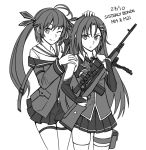  2girls :t ;) antenna_hair bangs bare_shoulders battle_rifle bridal_gauntlets closed_mouth collared_shirt eyebrows_visible_through_hair girls_frontline greyscale gun hair_between_eyes hair_ornament hair_ribbon hand_on_another&#039;s_head hand_on_another&#039;s_shoulder highres holding holding_gun holding_weapon jacket lightning_bolt lightning_bolt_hair_ornament long_hair long_sleeves m14 m14_(girls_frontline) m21_(girls_frontline) monochrome multiple_girls ndtwofives object_namesake one_eye_closed pleated_skirt pout ribbon rifle shirt simple_background skirt sleeveless sleeveless_shirt smile thighhighs twintails very_long_hair weapon white_background 