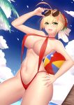 1girl adjusting_eyewear ahoge bangs blonde_hair blush breasts bu_li cleavage covered_nipples day eyebrows_visible_through_hair eyewear_on_head fate/extra fate_(series) green_eyes hair_bun hair_intakes hand_on_hip highres large_breasts looking_at_viewer navel nero_claudius_(fate) nero_claudius_(fate)_(all) open_mouth outdoors slingshot_swimsuit smile solo sunglasses swimsuit toned 