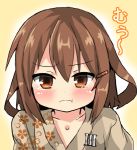  1girl :t blush brown_eyes brown_hair commentary_request floral_print hair_ornament hairclip ikazuchi_(kantai_collection) japanese_clothes kantai_collection kimono looking_at_viewer lowres oshiruko_(uminekotei) short_hair solo tears translated yukata 