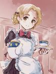  1girl 4suke alternate_costume apron bangs black_bow black_dress blue_eyes bow bowtie braid brooch closed_mouth collared_dress commentary cup dated dress enmaided frilled_apron frills girls_und_panzer hair_bow highres holding holding_saucer holding_teapot indoors jewelry looking_at_viewer maid maid_apron orange_hair orange_pekoe parted_bangs red_neckwear saucer short_dress short_hair sketch smile solo standing steam teacup teapot tied_hair twin_braids twitter_username 