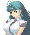  1girl antenna_hair bangs between_breasts blue_eyes breasts commentary_request covered_nipples green_hair grey_neckwear heart lips long_hair looking_at_viewer masao medium_breasts necktie necktie_between_breasts original pink_earrings short_sleeves solo v_arms white_background 