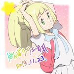  1girl arms_up backpack bag blonde_hair closed_mouth dated green_eyes kisama lillie_(pokemon) long_hair pokemon pokemon_(game) pokemon_sm ponytail short_sleeves smile solo upper_body 