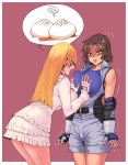  2girls absurdres anger_vein angry archvermin arms_at_sides bangs baozi bare_shoulders belt blonde_hair blue_eyes blue_gloves blunt_bangs blush border breast_grab breasts brown_eyes brown_hair center_opening closed_mouth commentary cowboy_shot cutout_gloves dress elbow_pads fingerless_gloves food frilled_dress frilled_sleeves frills gloves grabbing highres jumpsuit kazama_asuka large_breasts leaning_forward lili_(tekken) long_hair molestation multiple_girls open_clothes open_mouth outside_border red_background short_hair simple_background speech_bubble spoken_object steam surprised tank_top tekken trembling white_border white_dress white_gloves yuri zipper 