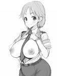  1girl bangs between_breasts blush breast_suppress breasts breasts_outside closed_mouth eyebrows_visible_through_hair glands_of_montgomery greyscale idolmaster idolmaster_cinderella_girls katagiri_sanae large_breasts long_hair looking_at_viewer low_twintails monochrome necktie necktie_between_breasts nipples open_clothes open_shirt poin simple_background sketch smile solo twintails upper_body white_background 