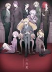  3girls 6+boys ahoge artoria_pendragon_(all) black_hair blonde_hair character_request fate_(series) formal gangster green_eyes hair_over_one_eye hand_to_own_mouth hands_in_pockets highres mafia mash_kyrielight merlin_(fate) mordred_(fate) mordred_(fate)_(all) multiple_boys multiple_girls necktie pant_suit ponytail purple_hair purple_neckwear red_hair red_neckwear red_scrunchie saber scrunchie short_hair side_slit suit tsushima_touko 