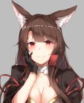  1girl akagi_(azur_lane) animal_ear_fluff animal_ears azur_lane bangs black_kimono blush breasts brown_hair cleavage_cutout eyeliner eyeshadow fox_ears fox_girl hand_on_own_face japanese_clothes kimono long_hair makeup neko_pachi red_eyes solo 