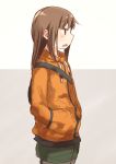  1girl brown_eyes brown_hair commentary_request eyebrows_visible_through_hair facing_to_the_side hands_in_pockets hood hoodie long_hair okano_kei open_mouth orange_hoodie sketch solo standing tatsunokosso yuyushiki 